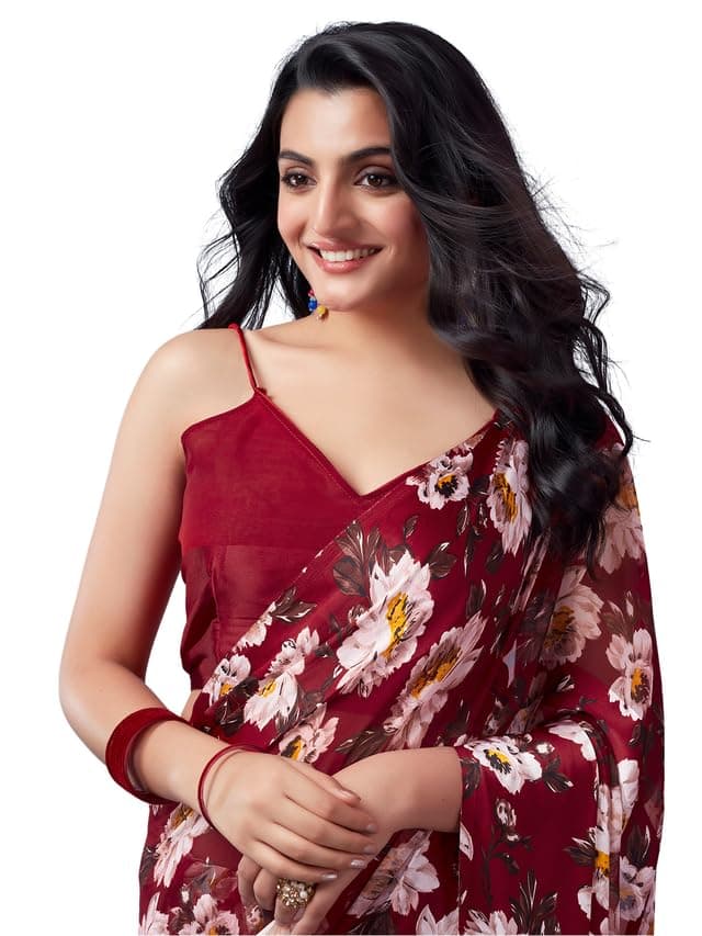 Satrani Women's Georgette Floral Printed Satin Patta Saree with Unstitched Blouse Piece (3633S102N_Maroon)