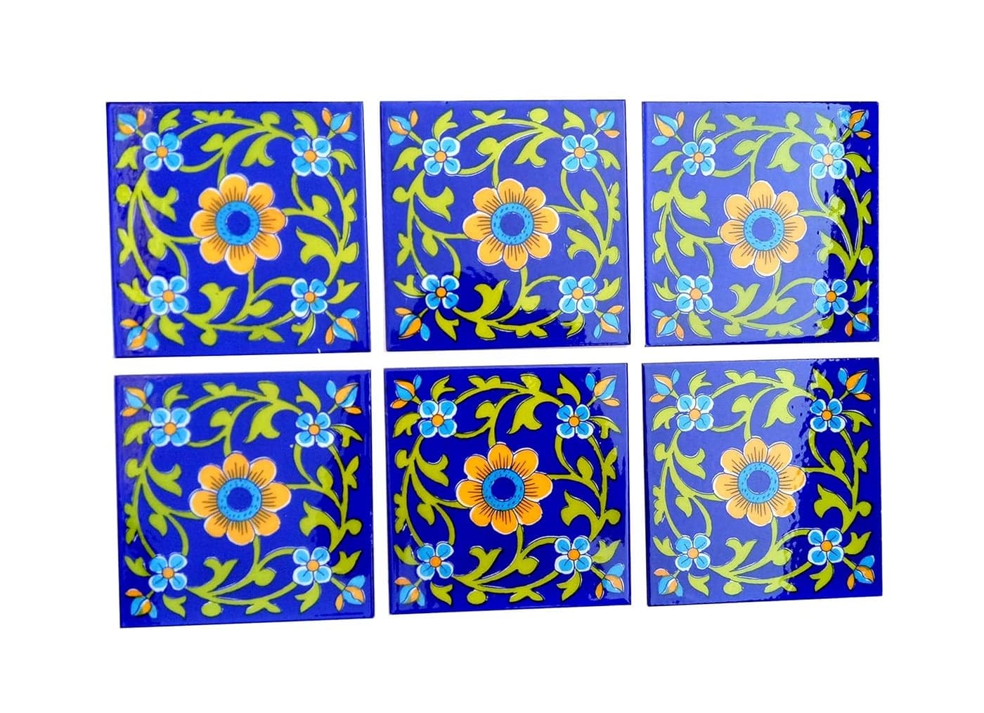 Shiv Kripa Blue Pottery Home Decor Tile Ceramic High Lighter Wall Bathroom Tiles 6 x 6 Inch Set of 6 Tiles Blue Multi