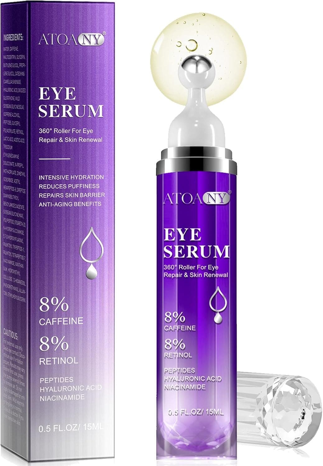 Eye Serum for Dark Circles and Puffiness with 8 Caffeine 8 Retinol Hyaluronic Acid Niacinamide Under Eye Cream Anti Aging for Puffiness and Bags with 360 Eye Roller Ball for Women Men