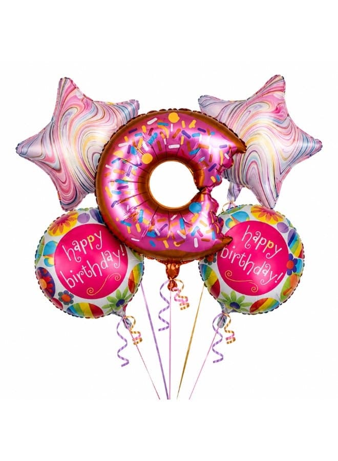 Donut Birthday Balloons Set 5 Pcs, Pink Donut Foil Balloon Bouquet with 2 Star Balloons & 2 Happy Birthday Round Balloons for Kids Birthday Party Decorations, Helium or Air Fill