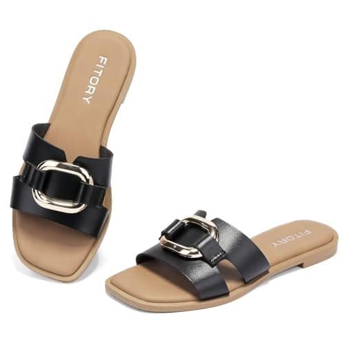 FITORY Women's Flat Sandals Fashion Square Open Toe Slides With Metal Chain Slippers for Summer Size 8 Black