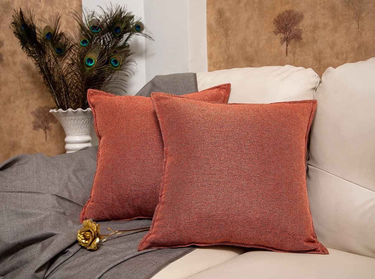 Khooti Decorative Jute Square Cushion Cover Throw Pillow Cover for Living Room Couch Diwan Single Seater Sofa, Colourful Modern Small 20 x 20 Inches / 50 x 50 cm (Colour - Orange)(Set of 5 Pieces) C2-50 TC