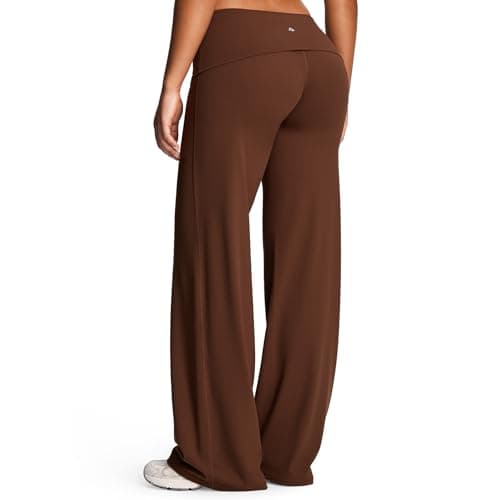 Aoxjox Women's Workout Athlenza Fold Over Waist Straight Leg Bottoms Lumastretch™ Gym Yoga Pants 31" (Brown, Small)