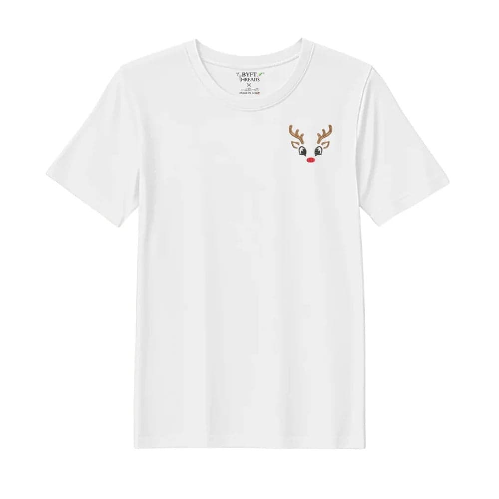 Threads XL White Polycotton T-Shirt - Christmas "Reindeer Face" Embroidered Design, Premium Holiday Collection