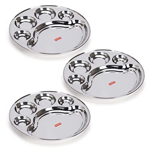 Sumeet Stainless Steel Round 5-in-1 Compartment Lunch/Dinner Plate/Thali Set | 3 Pieces - 31 cm | Durable, Ideal for Serving, Lunch and Dinner | Kitchenware for Home, Family Use, Bhojan Thali