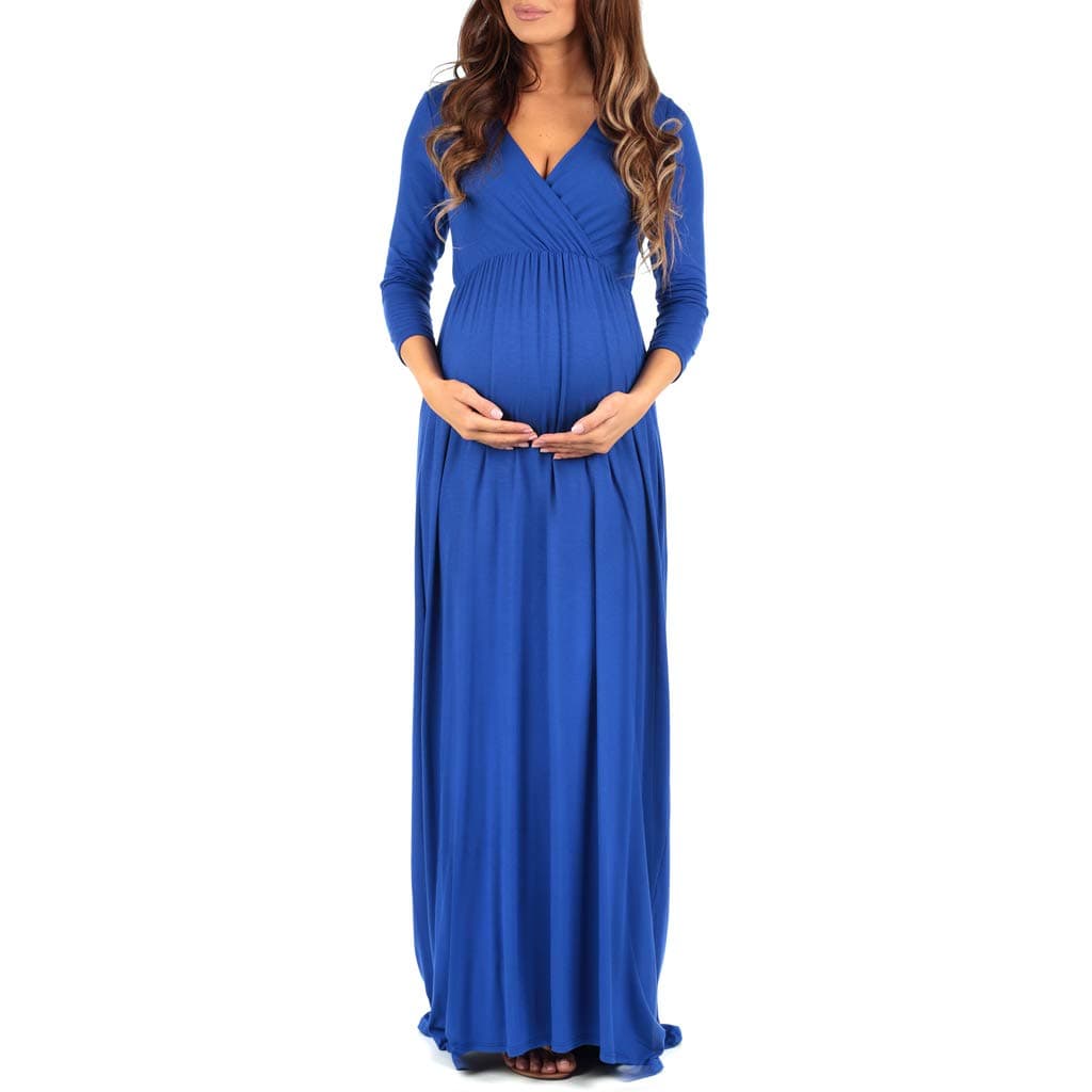 Mother Bee Maternity VNeck 34 Sleeve Ruched Waist Dress RoyalBlue