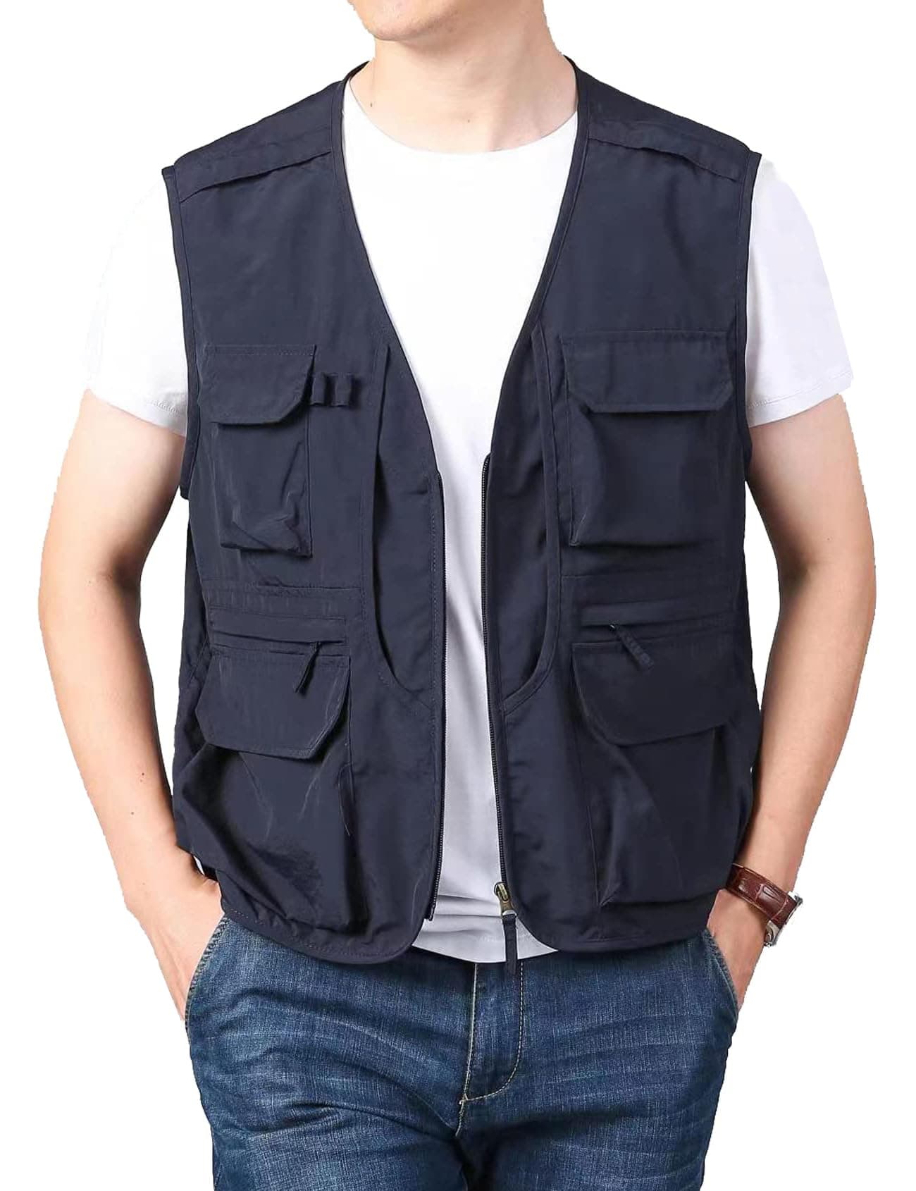 Flygo Mens Utility Cargo Vest Outdoor Summer Work Photo Fishing Safari Travel Vest with Pockets01NavyBlueS