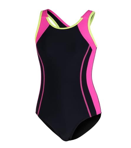 beautyin Girls One Piece Swimsuit for Training Racerback Teen Bathing Suit Size 14 Black/Rose