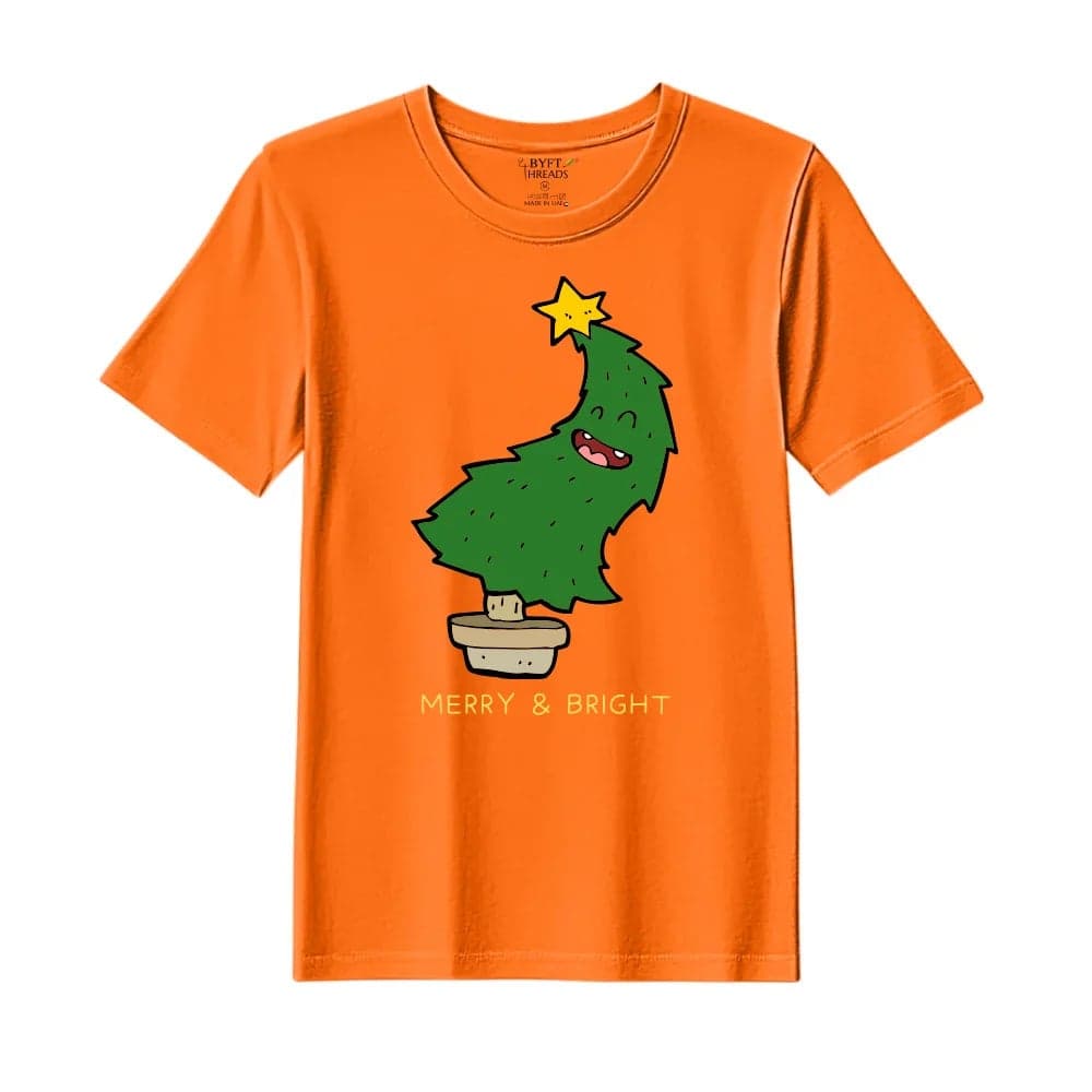 BYFT Threads XXL Orange Polycotton T-Shirt - Christmas "Merry & Bright" Printed Design, Premium Holiday Collection