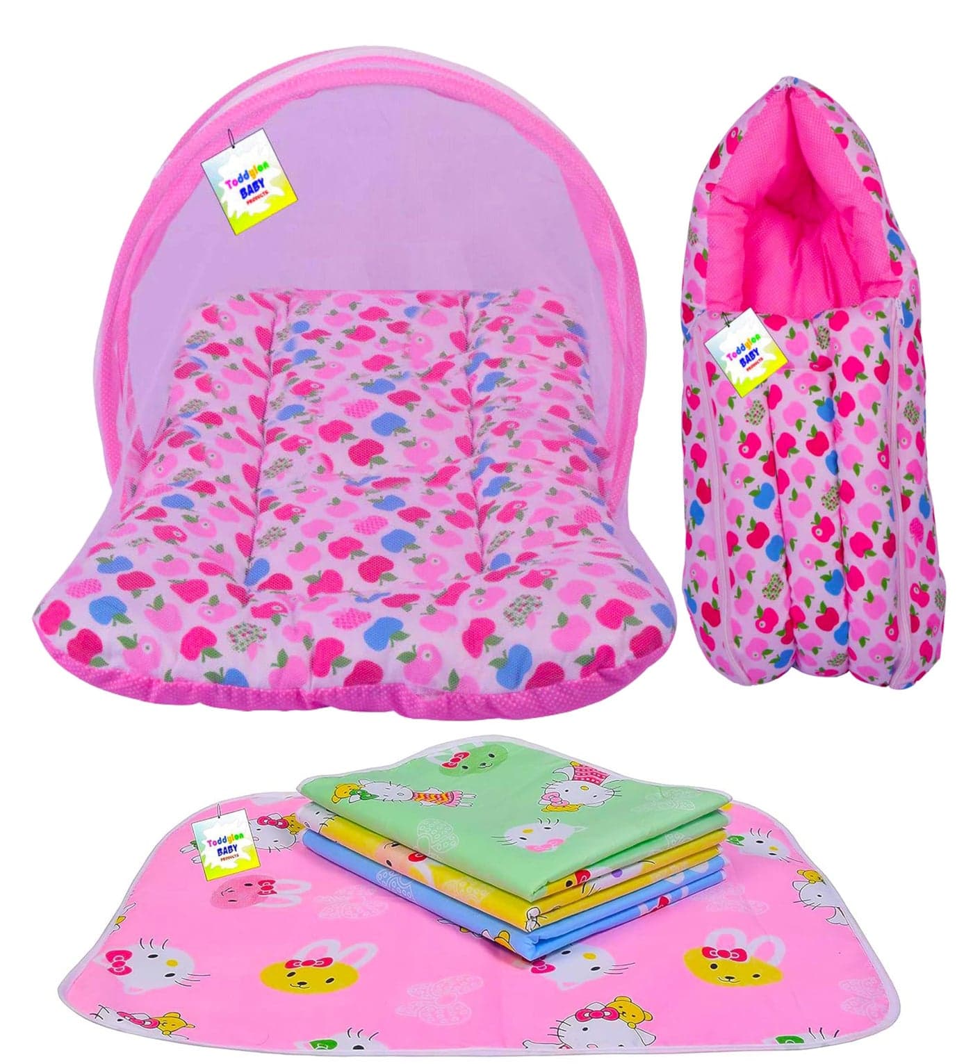 Toddylon Baby Bedding Sets New Born Baby Bed | Combo | Mattress with Net | Bag | Mosquito Net | Carry Bag | Nappy Changing Mat | Products All (0-6 Months)
