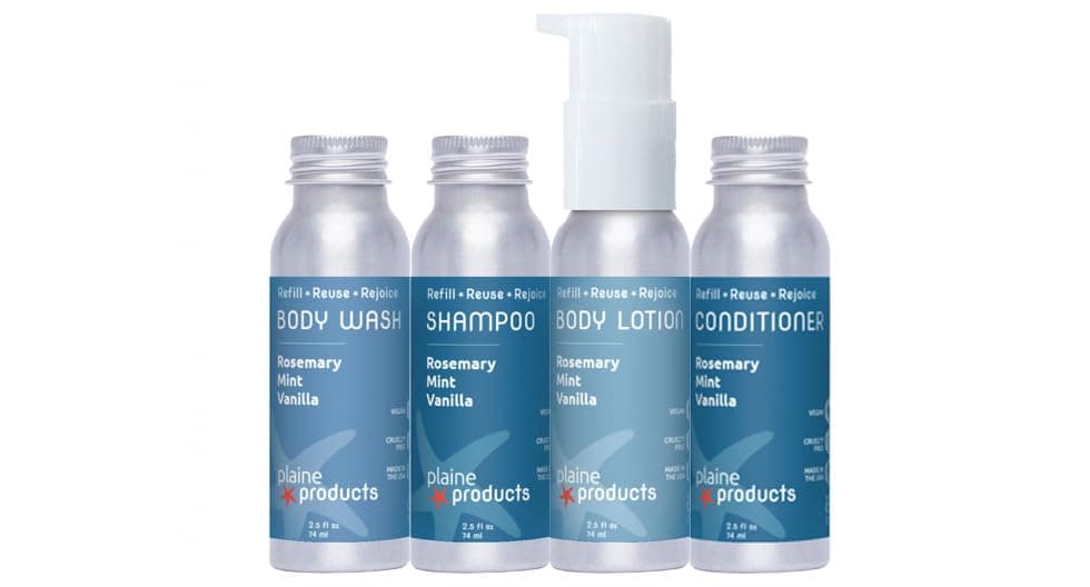 Travel Size Shampoo Conditioner Body Wash and Body Lotion Rosemary Mint Vanilla Sulfate Free Refillable Bottle 25 oz