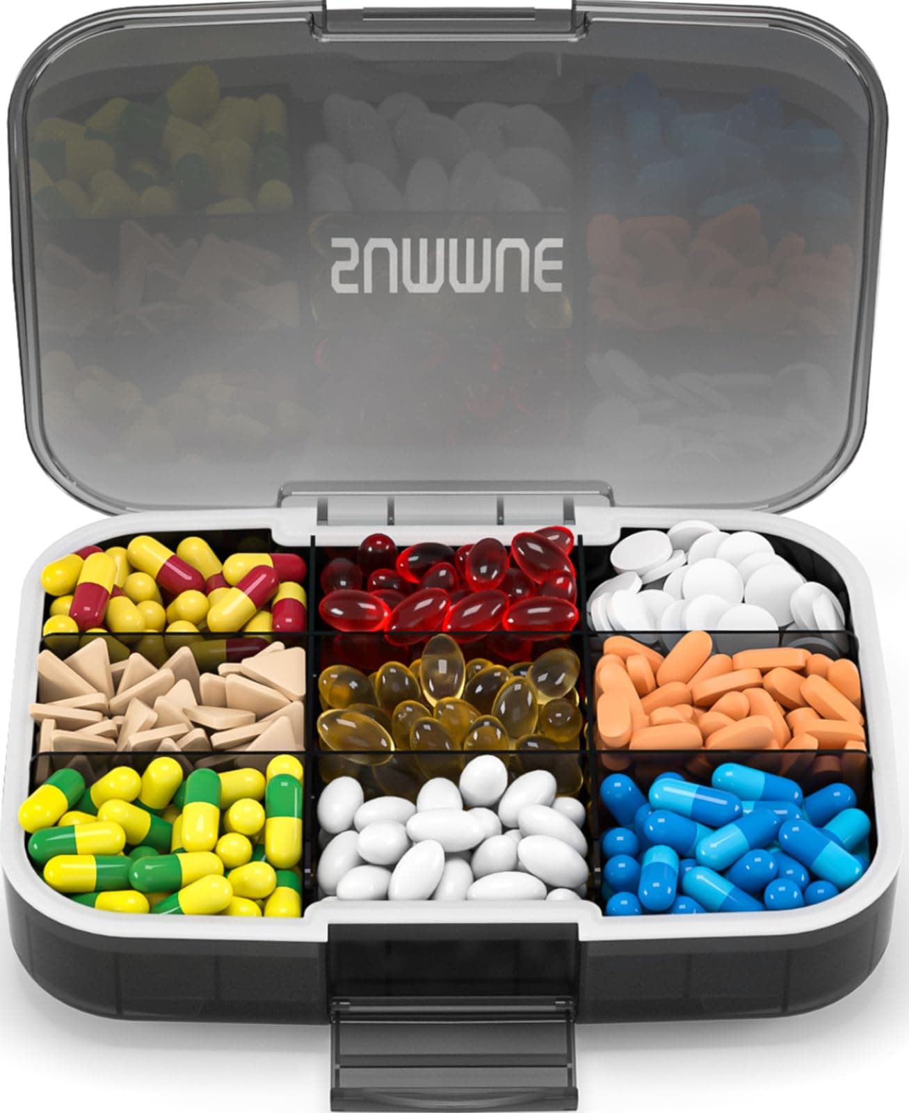SUMMUE Large Pill Organizer 9 Compartments Portable Travel Pill Box Case Moisture Proof XL Pill Container Holder for Vitamins Cod Liver Oil Supplements Medication Black