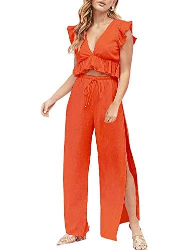 FANCYINN Womens 2 Pieces Crop Top Outfits Deep V Neck Side Slit Drawstring Wide Leg Pants Set Cute Jumpsuits Halloween Pumpkin Jackolantern Orange XS