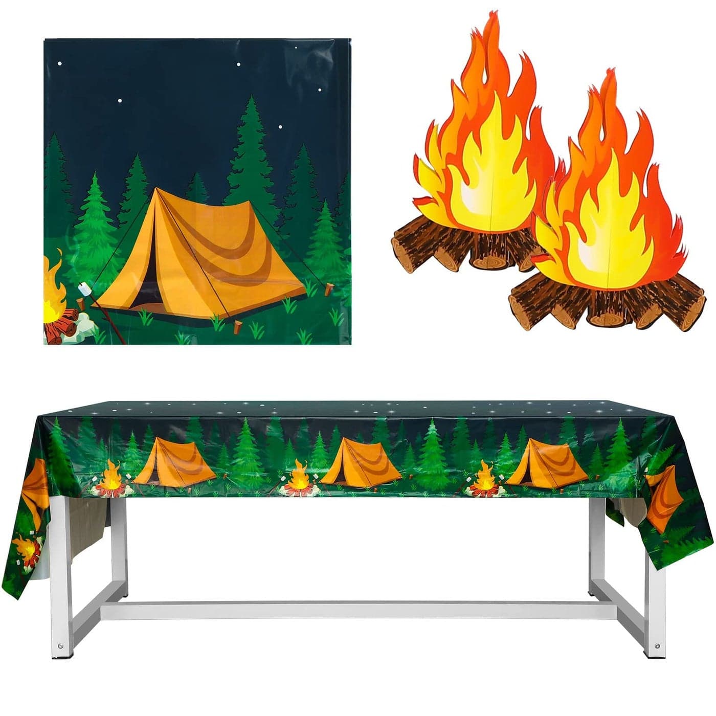 Camping Theme Tablecloth Set Including 2 Pieces Hiking Camping Rectangle Tablecloth and 2 Piece Fake Campfire 3D Decorative Cardboard Centerpiece Decor for Birthday Shower Theme Party
