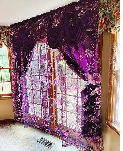 GOHD Roman Romance. Burnt-Out Printed Organza Window Curtain Panel Drape with Attached Fancy Valance and Taffeta Backing (Purple, 55 x 84 inches + Attached Valance x 2pcs)