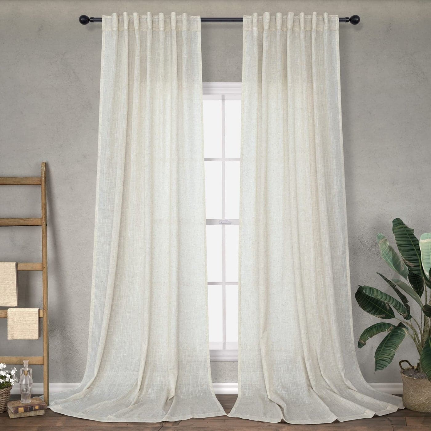 Natural Linen Curtains 90 Inches Long for Bedroom 2 Panel Back Tab Pocket Airy Light Weight Energy Efficient Semi Transparent Sheer Cream Curtain for Living Room Bay Window Modern Farmhouse Boho 52x90