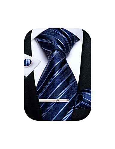 DiBanGu Mens Striped Tie Silk Woven Necktie and Pocket Square Cufflinks Tie Clip Set Wedding Business Formal Gift for Men, Blue