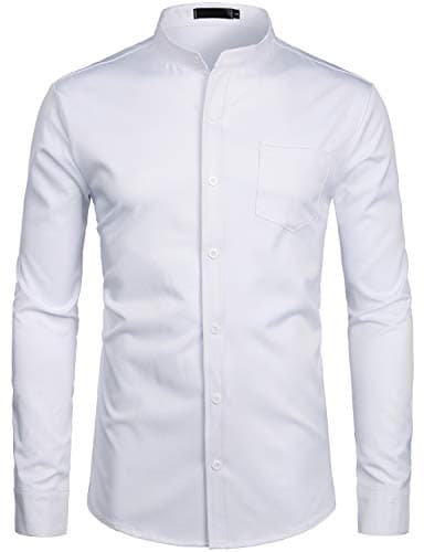 ZEROYAA Men's Banded Collar Slim Fit Long Sleeve Lightweight Casual Button Down Dress Shirts with Pocket ZLCL09 White Large