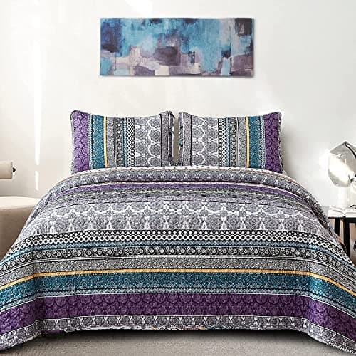 WONGS BEDDING Boho Quilt Set California King Size Purple Bohemian 3 Pieces Quilt Sets Lightweight Bedspread Coverlet Bedding Set for All Season 106x96