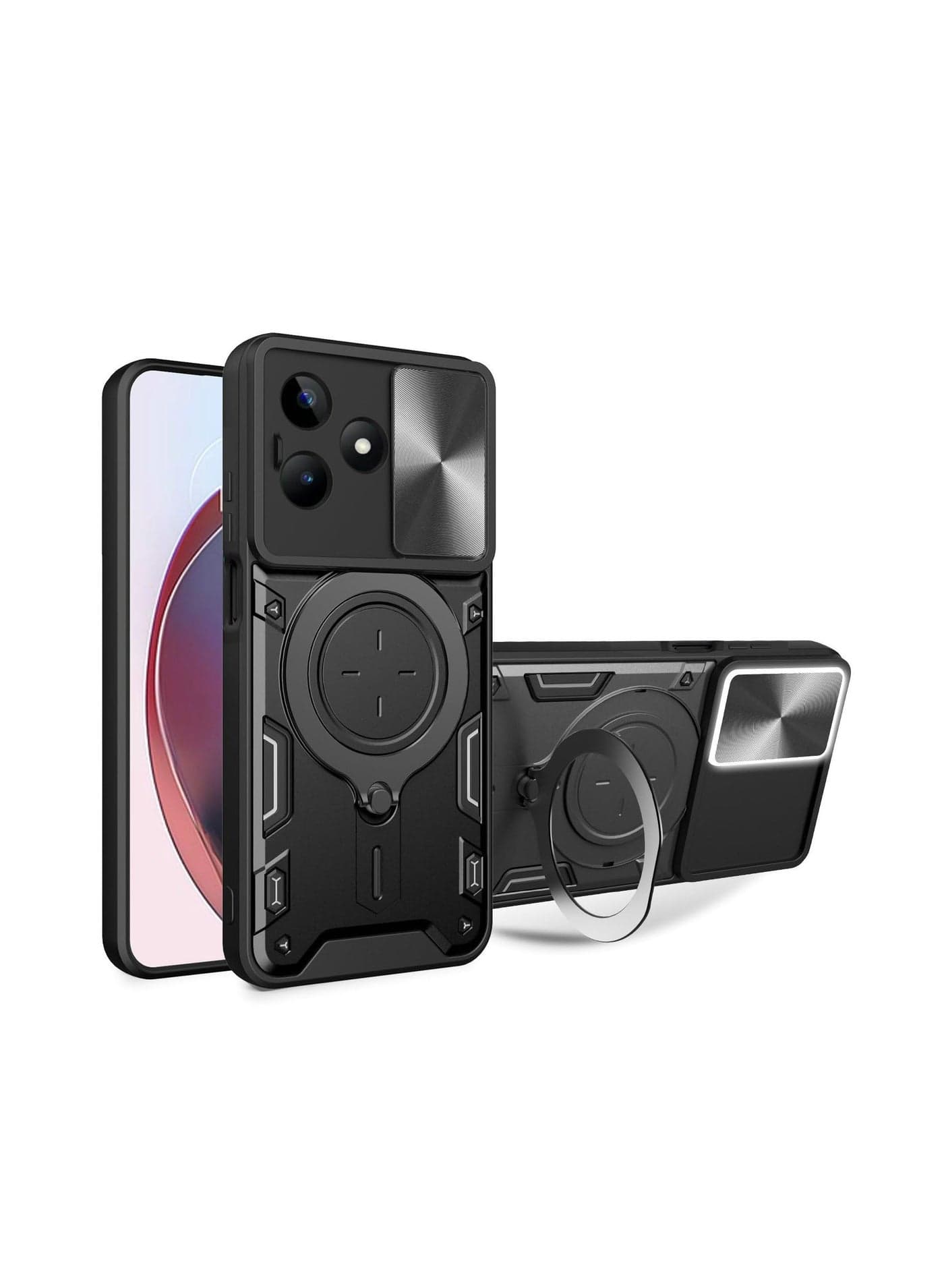 TECNO Spark 10 4G/Spark 10C 4G Black Mobile Phone Case Cover, Slide Camera Lens Cover, 360°Rotating Kickstand Ring, Bumper Shockproof Phone Case,Compatible with Car Magnetic Mount