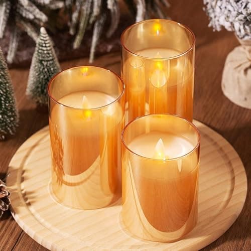 Desidiya Flameless LED Seasonal Light for Room & Home Decor for Festive | Acrylic Fiber Set of 3 Gold Glass Candle Light with Realistic Flickering Design for Gifting, Festival, Anniversary, Birthday