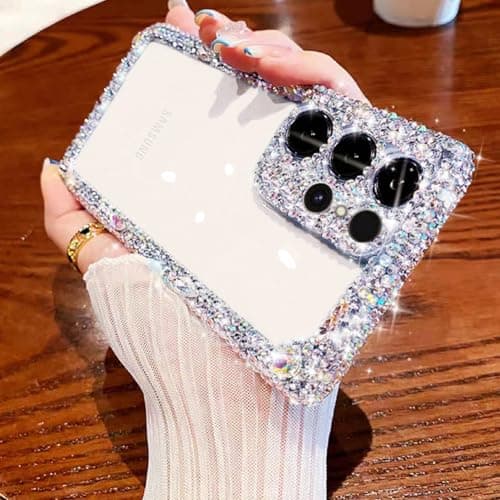 Cavdycidy Compatible with Samsung Galaxy S24 Ultra Bling Clear Case for Women,Glitter Phone Case with Sparkle Rhinestone Diamond Camera Protection,Airbag Anti-Fall Crystal Hard Cover for Girl