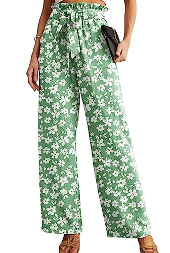 IWOLLENCE High Waisted Pants for Women Adjustable Knot Loose Casual Trousers Business Work Casual Pants Green White Flower XX-Large