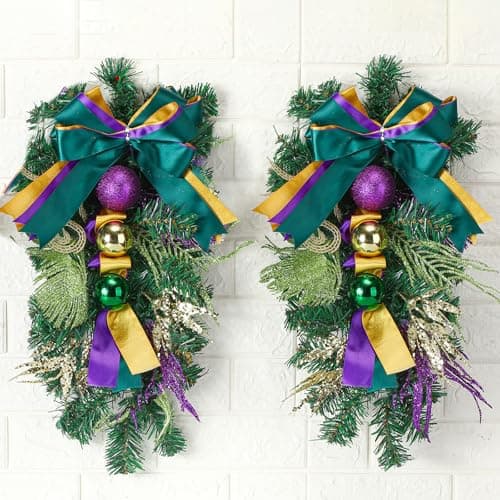 Suncalla 2 Pcs 15.8 Inch Mardi Gras Wreath for Front Door Mardi Gras Teardrop Swag Purple Green Gold Door Decoration Artificial Carnival Party Decor for Indoor Outdoor Home Kitchen Wall Stairway