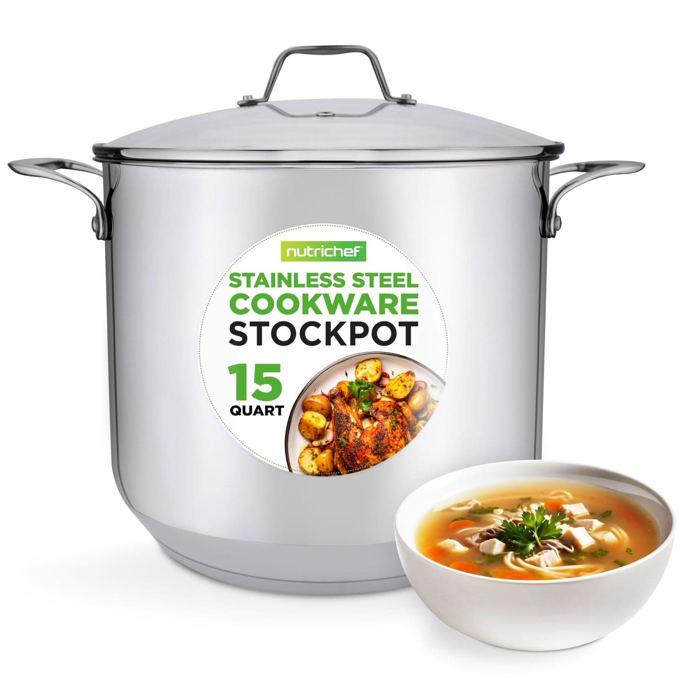 NutriChef Large Stainless Steel Stock Pot with Tempered Glass Lid Induction Compatible Stockpot, Ideal for Stews & Soups, Dishwasher Safe, 15 Quart