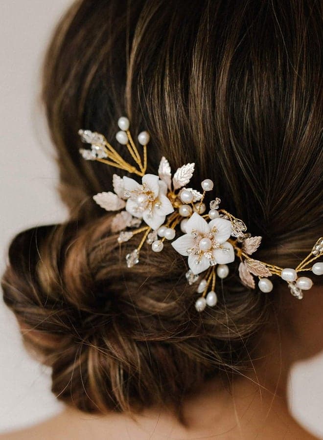 Wedding Hair Comb for Bridal Hair Accessories, Handmade Flower Bridal Hair Clip Hair Pieces, Gold, 5.12 *2.75 inches, 1 Count (Pack of 1)