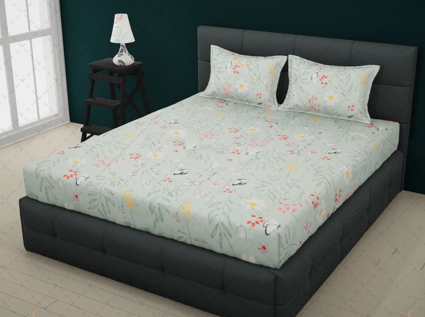 RRC Gless Cotton Elegant Polycotton Elastic Fitted Bedsheet With 2 Pillow Covers,72X78 (Inches) On All Around Side To Grip The Mattress, 144 Tc, Pista Leaf (Grey)