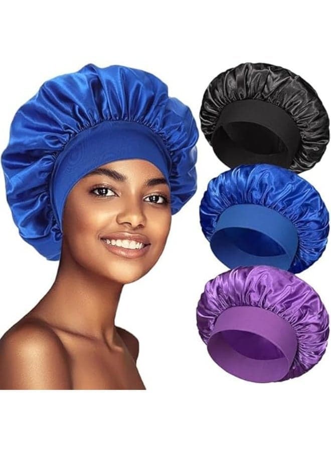 3 Pcs Satin Bonnet, Silk Bonnet for Sleeping, Black Women Hair Bonnet for Sleeping, Wide Soft Band Bonnet for Curly Hair, Protects Your Hair All Night, Soft, Smooth, for All Hairstyles