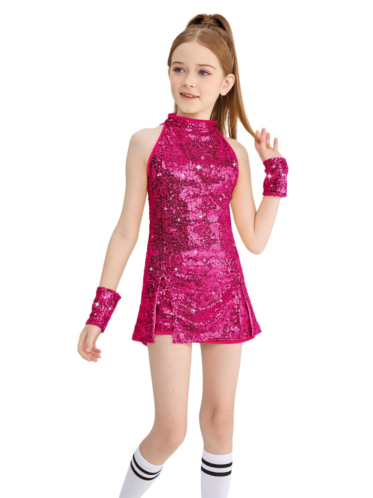LOLANTA Girls Sequin Top Shorts Disco Sparkle Girls Jazz Dance Outfit Sleeveless Wristband Socks Fuchsia 1011 Yrs