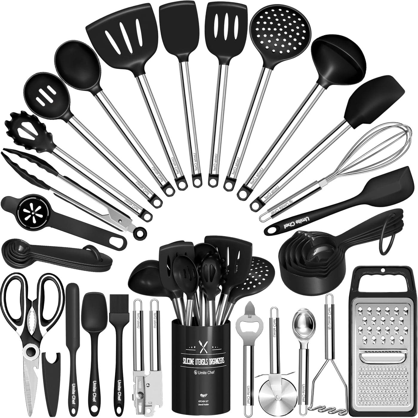 Kitchen Utensils SetUmite Chef 34 Pcs Silicone Cooking Utensils Set for Nonstick CookwareSilicone Spatulas Set Stainless Steel HandleBlack Kitchen Gadgets Tools Pots and Pans Accessories