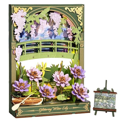 Wowood 3D Wooden Puzzles for Adults Monet Water Lily DIY Model Building Kits with LED Light Home Decor Wall Art Unique Creative Gifts for Art LoversMenWomen