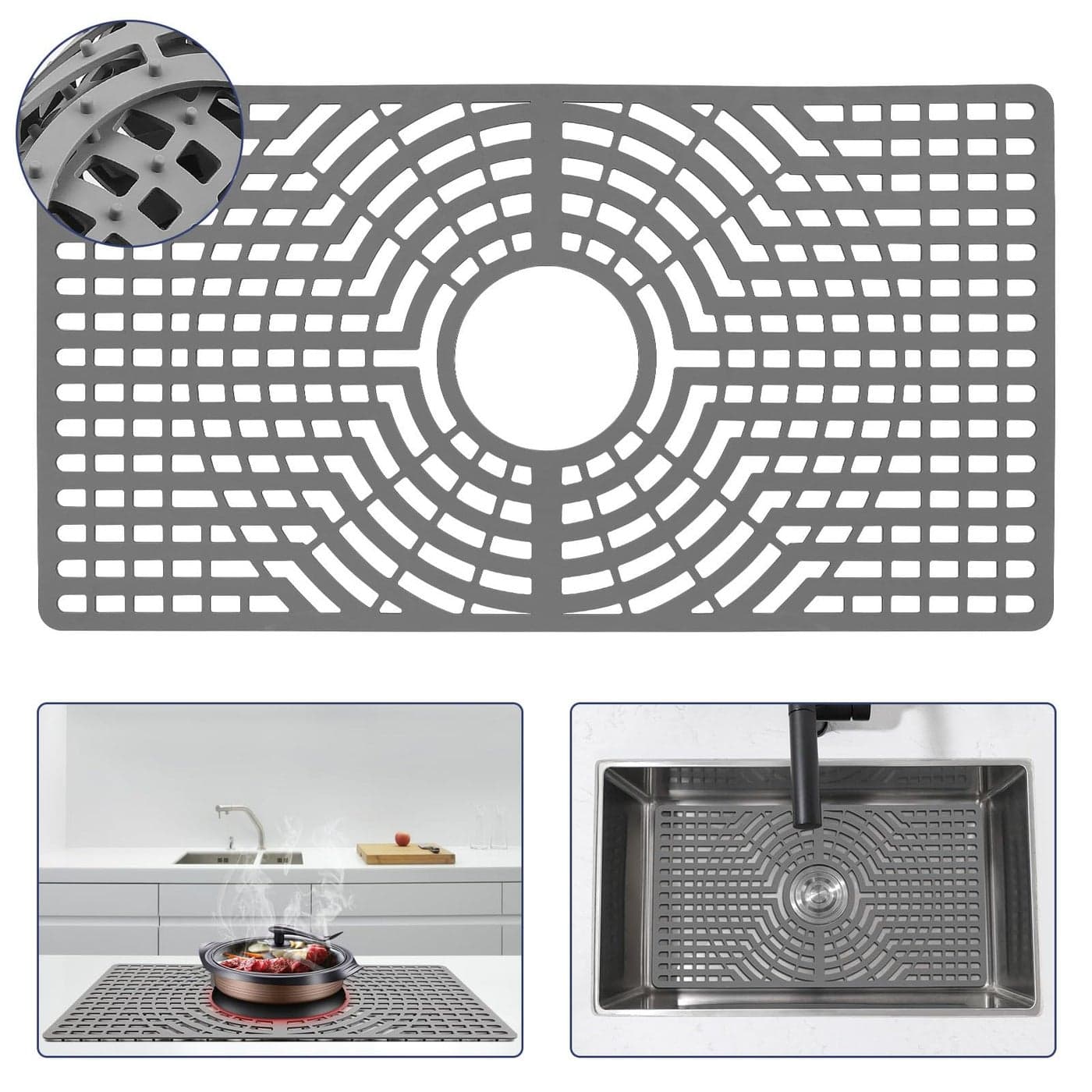 Snuggery Silicone Sink Protector 26x14 Center Drain Hole Heat Resistant Nonslip Dishwasher Suitable Large Mat for Bottom of Farmhouse Kitchen Stainless Steel SinkGrey