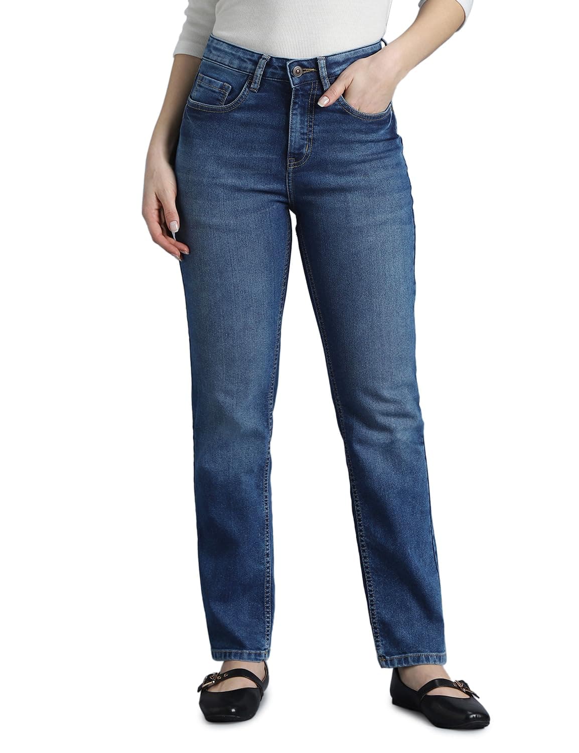 INKD Women's Straight Mid Rise Jeans (INKSS23WJN-013_Marine Blue_28)