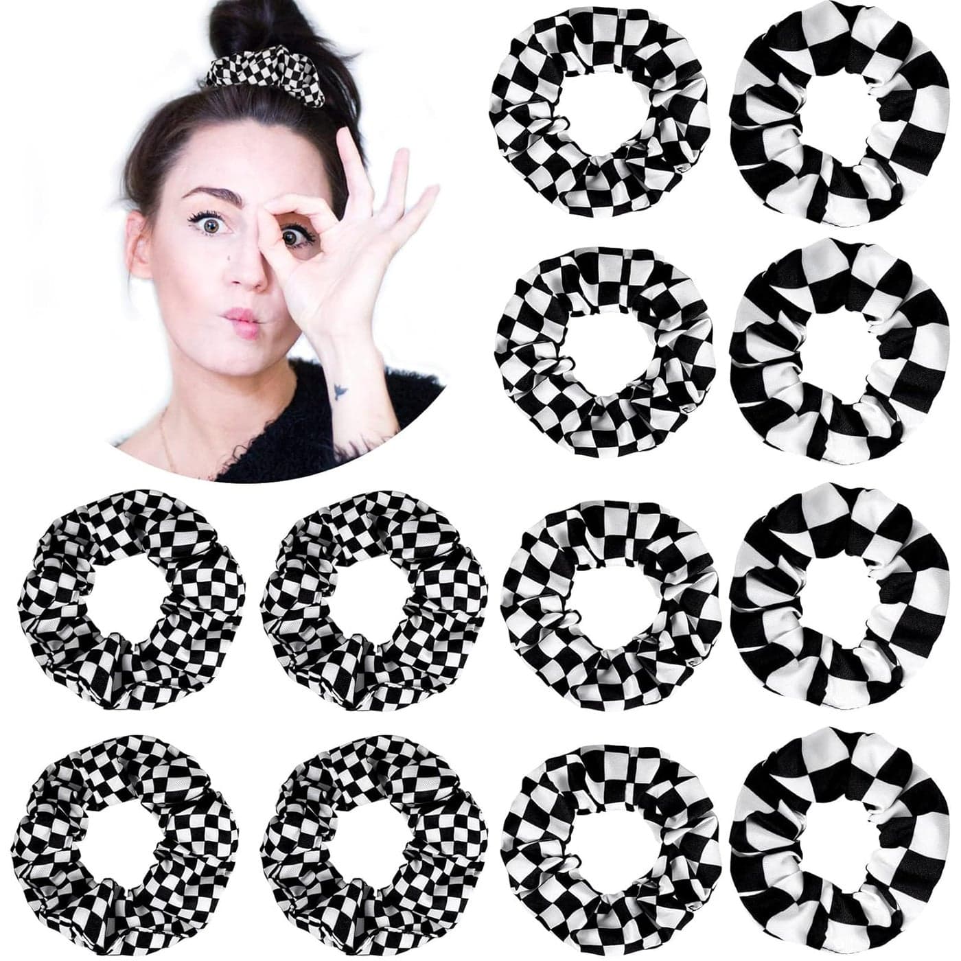 12 Pieces Checkered Scrunchies Hair Ties Christmas Buffalo Plaid Elastic Ponytail Holders in Black and White for Girls and Women