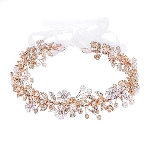 Ammei Headpiece Wedding Headband Tiara Flower Leaves Design Hair Vine With Pearls And Rhinestones (Rose Gold)