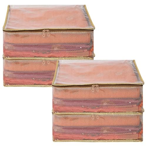 Kuber Industries Pvc Pack Of 4 Saree Cover|Dress Packing Bags With Zip|Saree Pouches For Storage|Clothes Organizer For Wardrobe|Gold Lace|Transparent,30 * 22 Cm