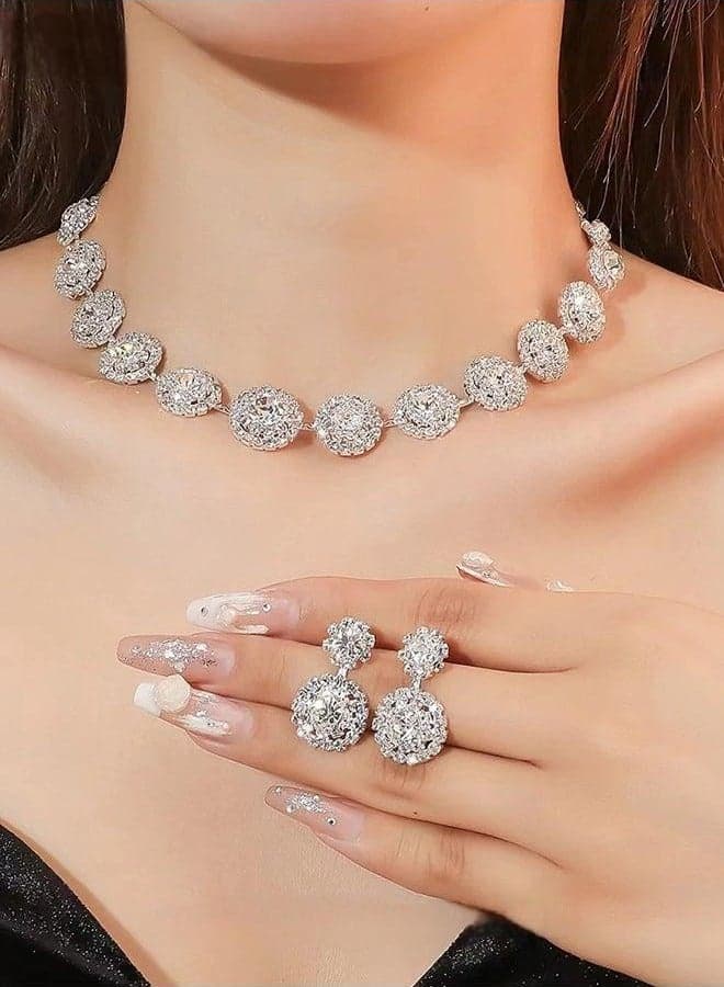 2 Piece Jewelry Set of Necklace and Earrings Shiny Round Diamond Chic Rhinestone Decor Jewellery Set for Women Ladies Gift for Girlfriend Wife Mother Bridesmaids Wedding Party Accessories
