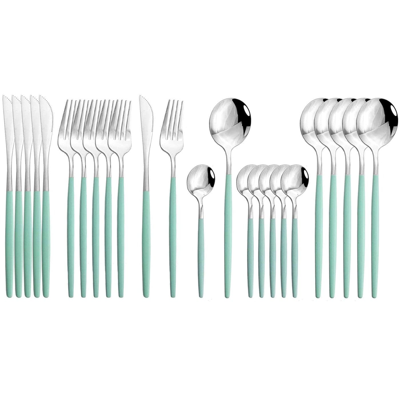 JASHII Flatware Serving Set 24 Piece Stainless Steel Silverware Set Mint Green Silver Cutlery Set Modern Elegant Tableware Set for Party Christmas Dinner Mint Green Silver