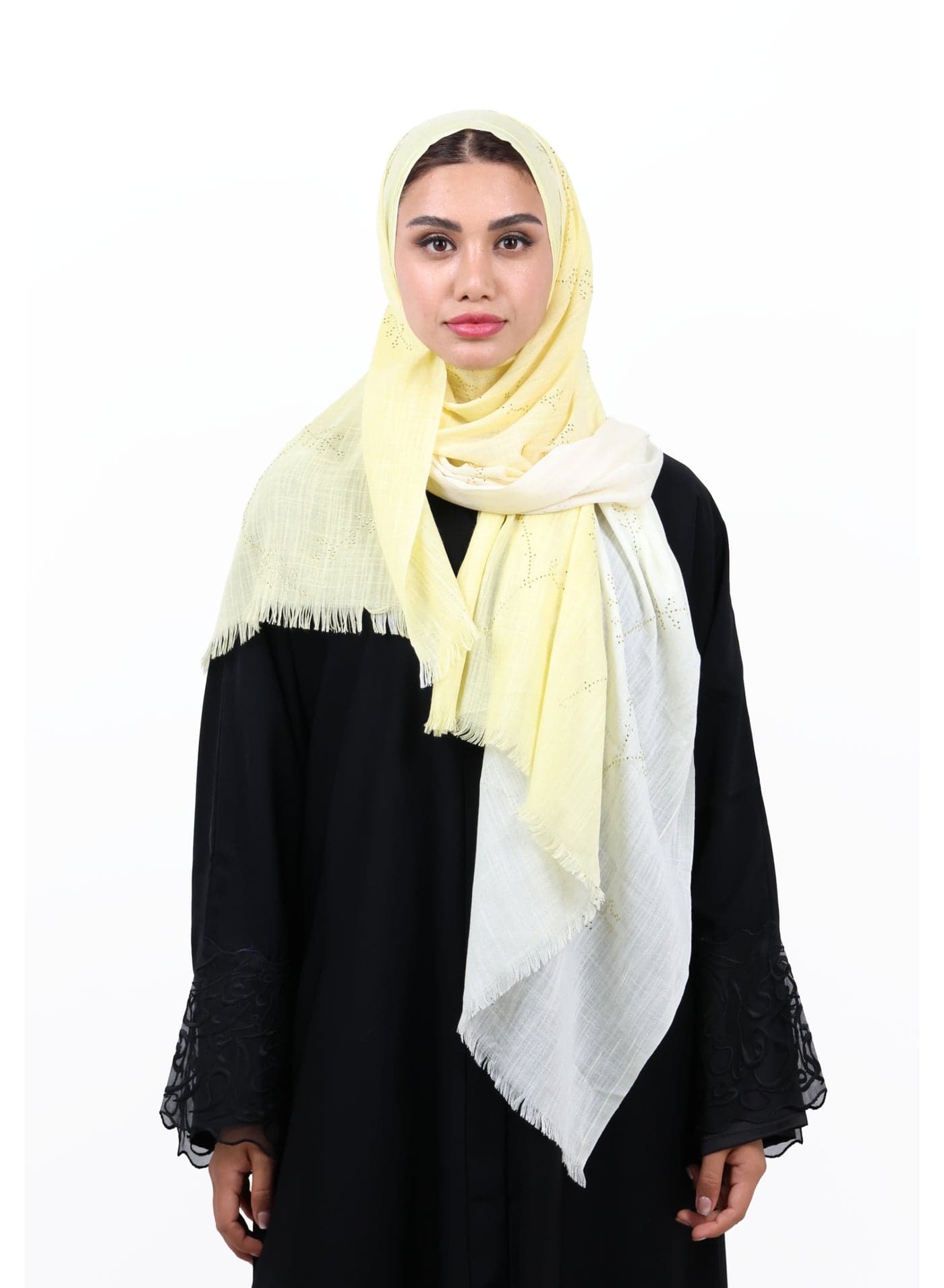 Premium Embellished Slub Cotton Scarf with Vine Crystal Strass (Lemon Yellow / Pale Cream)