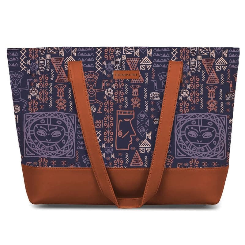The Purple Tree Women Handcrafted Tote with Vegan Leather Handles, Tribal Print Shoulder Bag for Office and College, Oversized Contemporary, Blue