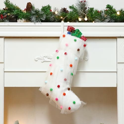 Hopearl Pom Pom Pleated Christmas Stocking Ruffle Lace Boho Style Sock Ultra Soft Dreamy Holder Ornament Luxury Gifts Bags for Family Xmas Tree Party Supplies Cream 18