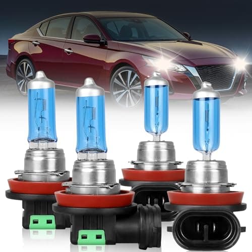 NSDXCT H11 High Performance Halogen Headlight Bulb For Nissan Altima 2007-2018 Light Bulbs High Low Beam and Fog Replacement Bulb, H11 High Beam+H11 Low Beam Combo, 4PCS 5000K 300% More Brightness