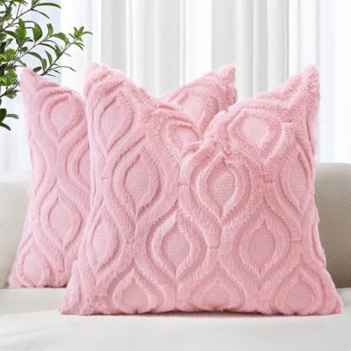 decorUhome Summer Throw Pillow Covers 16x16 Inch Set of 2, Soft Plush Faux Wool Light Pink Solid Couch Pillow Covers, Accent Farmhouse Neutral Square Pillow Cases for Sofa Bed Living Room