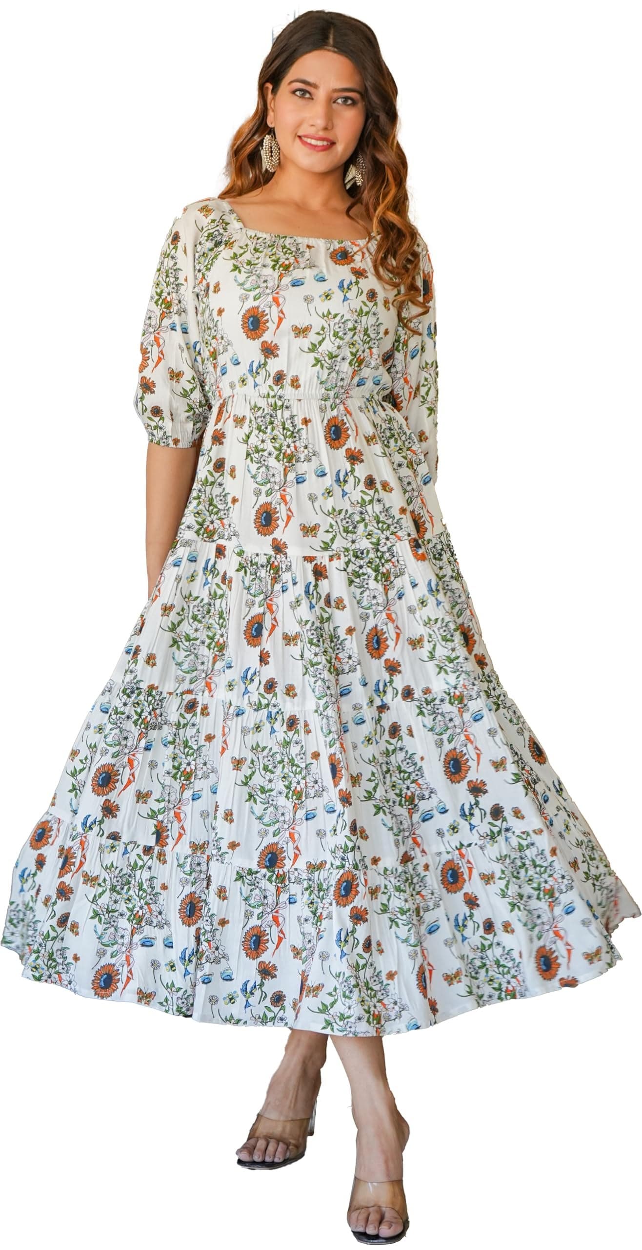 Yash Gallery Women's Rayon Floral Printed Tiered Style Dress (1488YKWHITE, XXL, White)