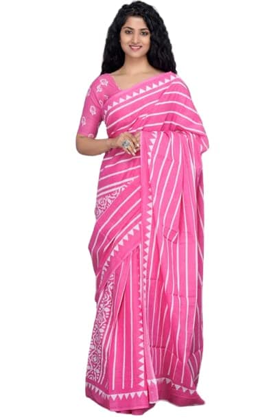 Kiaaron Women's Ikat Hand Block Print Jaipuri Cotton Mulmul Saree with Blouse Piece - Pink_33