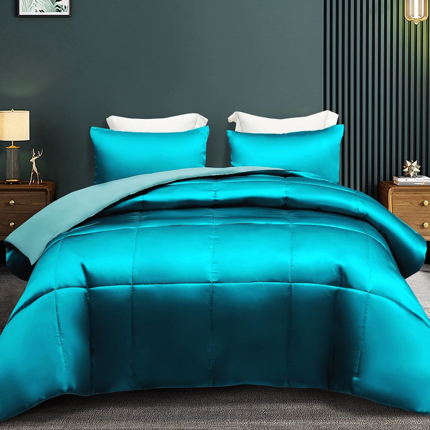 Whale Flotilla 3Piece Reversible Queen Size Silky Comforter SetBedding Set Luxury Soft Satin Comforter with 2 Satin Pillowcases Lightweight Duvet Set for All Seasons Turquoise